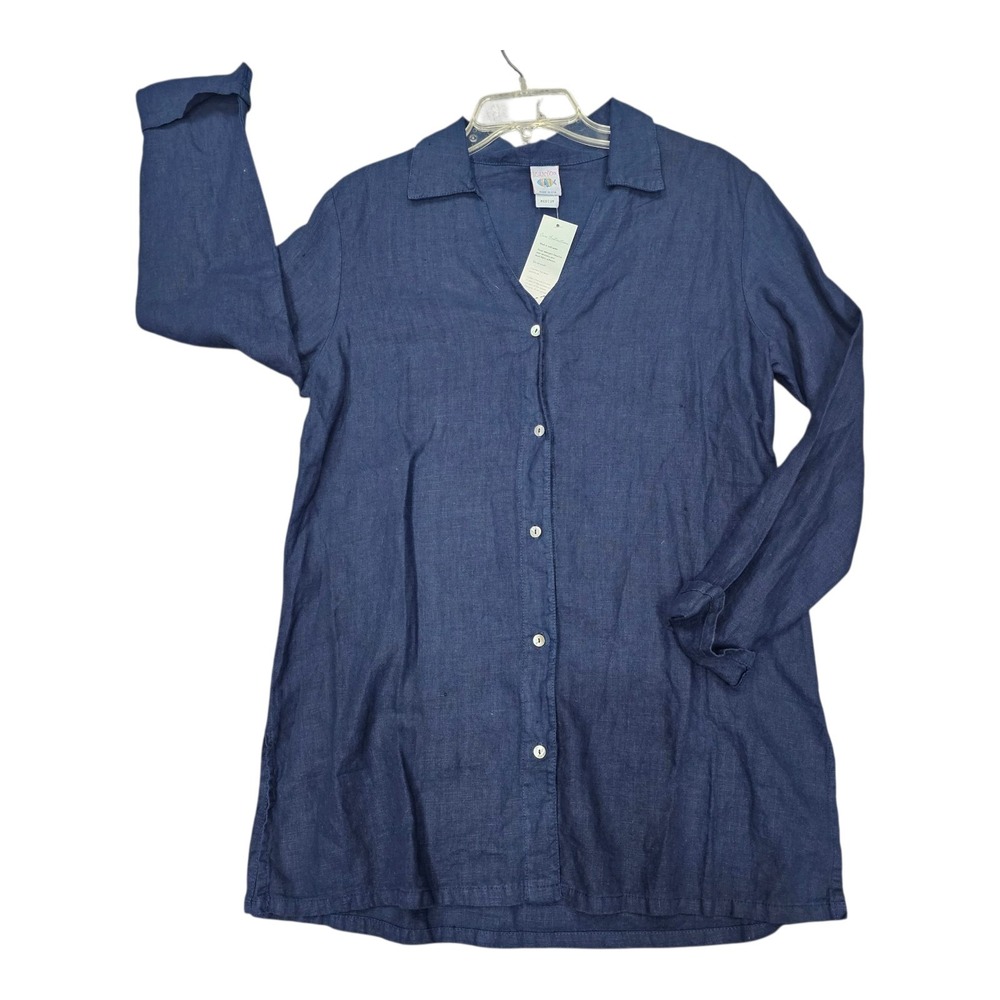 Vintage ICANTOO Button Front Tunic Long Sleeve Shirt 100% Linen Navy NWT